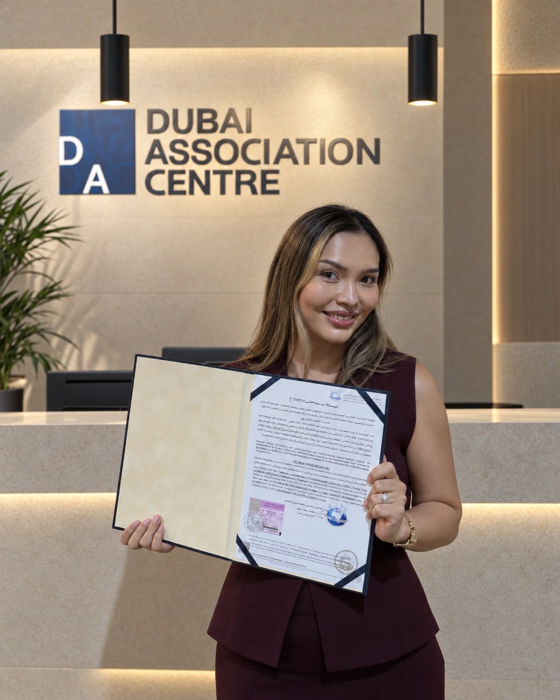Julia with her professional certificate at Dubai Association Centre