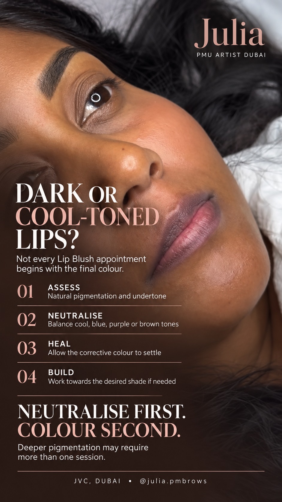 Dark or cool-toned lips — neutralise first, colour second