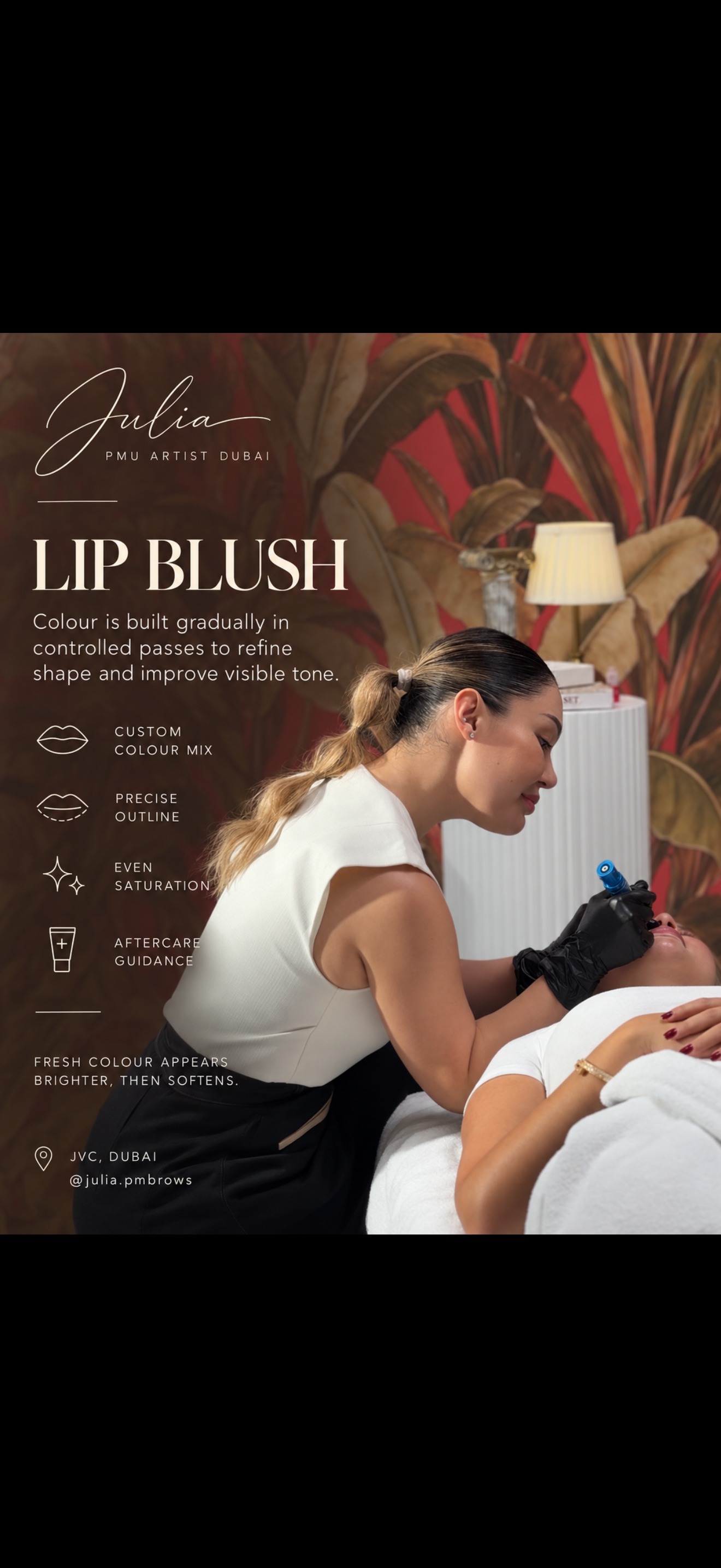 Lip blush procedure — custom colour mix, precise outline