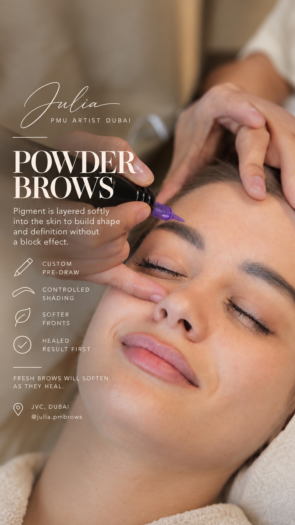 Powder brows — custom pre-draw, controlled shading, healed result first
