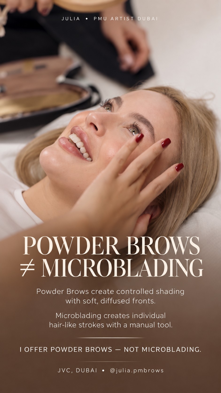 Powder brows are not microblading — machine pixel shading versus microblading hair strokes